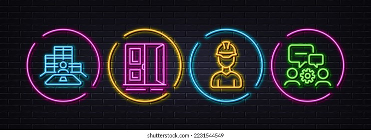 Foreman, Inventory and Open door minimal line icons. Neon laser 3d lights. Engineering team icons. For web, application, printing. Architect person, Goods operator, Entrance. Teamwork. Vector