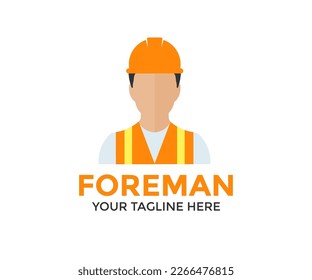 Foreman male in orange safety hard hat helmet and vest logo design. Person Profile, Avatar Symbol, Male people icon. Professional male industrial worker vector design and illustration.