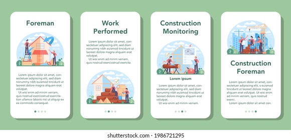 Foreman mobile application banner set. Main engineer leading at construction site. Professional builder in helmet, Construction industry, house development business. Flat. Vector illustration.