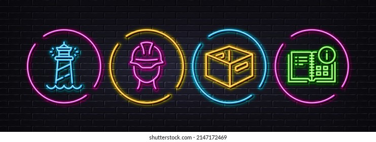 Foreman, Office Box And Lighthouse Minimal Line Icons. Neon Laser 3d Lights. Instruction Info Icons. For Web, Application, Printing. Engineer Person, Delivery Box, Searchlight Tower. Project. Vector