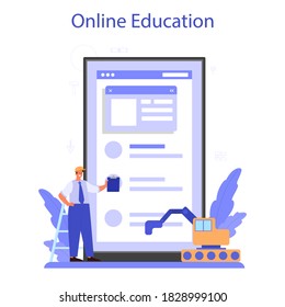 Servicio o plataforma en línea de los capataces. Ingeniero principal que dirige la construcción. Industria de la construcción, negocio de desarrollo de viviendas. Educación en línea. Ilustración vectorial.