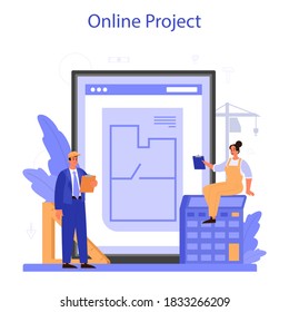 Foreman online service or platform. Main engineer leading at construction site. Construction industry, house development business. Online project. Vector illustration.