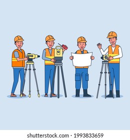 Foreman plans construction work with a team of surveyors with multiple theodolites. A surveyor is operating the theodolite on transparent background. Geodetic works. Cadastral engineer. 