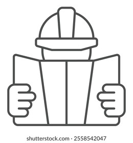 Foreman with project plan thin line icon, building construction concept. Vector graphics. Manager man and paper map sign on white background, outline style icon for mobile or web design