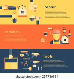 Foreman repair tools service construction home flat banner set isolated vector illustration