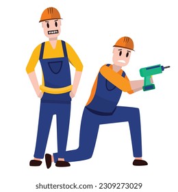 the foreman scolds his inept employee. builders, handymen, repairmen in helmets. male builders dressed in work clothes, construction overalls, disappointed, frustrated, incomprehensible builders