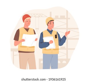 Foreman showing and explaining building process to inspector. Supervisor in hard hat at construction site. Colored flat vector illustration of workers in helmets isolated on white background