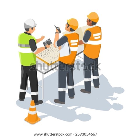 foreman and supervisor working on construction site use control radio operate crane tower work isometric isolated