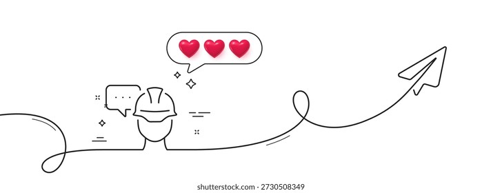 Foreman talk line icon. Continuous line with share plane. Engineer or architect sign. Construction helmet symbol. Hearts rate review in speech bubble. Foreman single line ribbon. Vector