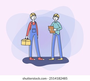 Foreman with tasks and worker with box of tools. Builders on construction site. Vector illustration for teamwork, labor, occupation concept