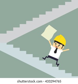 Foreman walking up to trophy, abstract illustration business concept in way to success. Flat design.