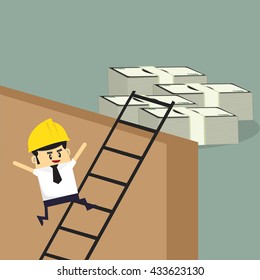 Foreman walking up to trophy, abstract illustration business concept in way to success. Flat design.