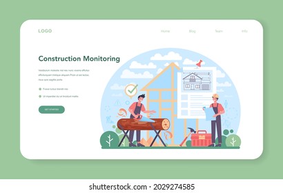 Foreman web banner or landing page. Main engineer monitoring construction site. Professional builder in helmet, Construction industry, house development business. Flat. Vector illustration.