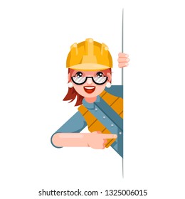 Foreman woman worker professional builder engineer look out corner promotion pointing finger cartoon character female design vector illustration