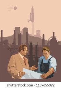 The foreman and worker discuss the construction plan against the background of the industrial landscape. Scientific progress. Vector illustration