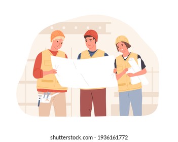Foreman and workers in hard hats at construction site. Builders discussing building project or drawing of real estate. Colored flat vector illustration of constructors isolated on white background