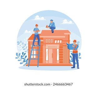 Foreman and workers repair the roof of a house. Home repair services. Home renovation concept. Flat vector illustration.