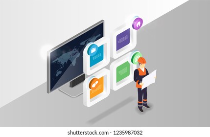 foreman in working clothes in isometric view in front of the personal computer screen