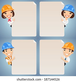 Foremen Cartoon Characters Looking at Blank Poster Set. In the EPS file, each element is grouped separately.