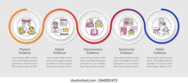 Forensic evidence types loop infographic template. Surveillance recordings. Data visualization with 5 steps. Editable timeline info chart. Workflow layout with line icons. Myriad Pro-Regular font used