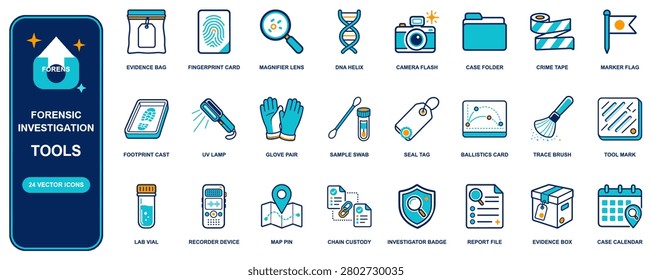 Forensic Investigation flat icon set. 24 vector line icons: evidence bag, fingerprint card, magnifier lens, dna helix, camera flash, case folder. Editable isolated symbols for web, app and infographic