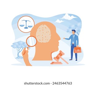 Forensic psychology as interrogation of suspect criminal tiny person concept. Mental research and interview for investigation about behavior for court. flat vector modern illustration