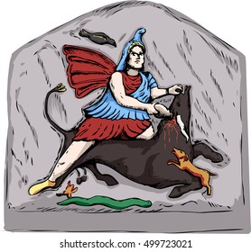 Forensic reconstruction illustration of Mithras slaying of a black bull from 4th century stone carvings in Jajce, Bosnia