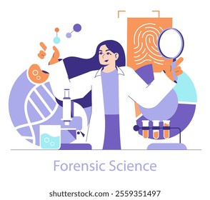 Forensic Science concept. Investigator examining evidence with advanced techniques. DNA analysis, fingerprinting, and microscope investigation. Vector illustration.