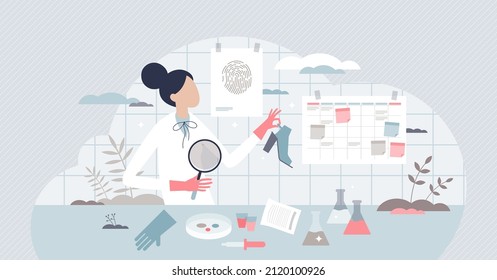 Forensic science and criminal justice DNA technology tiny person concept. Fingerprint searching at crime scene for murderer or theft personality evidence or proof vector illustration. Examining ID.