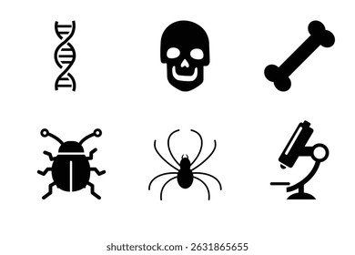 Forensic Science Icons with DNA, Skull, Bone, Insect, Spider, and Microscope Symbols
