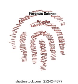 Nube de Ciencia Forense. Composición de palabras relacionadas con la investigación del delito, el análisis de pruebas y los procedimientos legales. Fondo aislado.