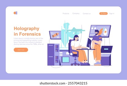 Forensic technology concept. Digital forensic analysts working with holographic interface. Advancements in criminology and evidence analysis. Vector illustration.