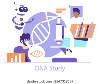 Forensic Technology concept. A researcher analyzes DNA with the aid of AI technology amidst various forensic tools. Analysis, data, and science innovation. Vector illustration.