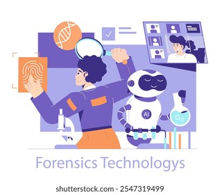 Forensics Technologies concept. Illustration of a crime scene investigator with modern gadgets and AI assistance. DNA analysis and digital profiling in action. Vector illustration.