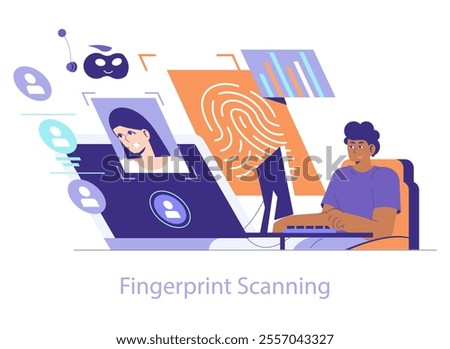 Forensics Technology concept. Analyst reviewing digital data and fingerprints for identity verification. Biometric security, cyber investigation. Vector illustration.