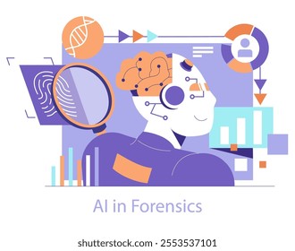 Forensics Technology concept. Artificial Intelligence analyzes criminal evidence, enhancing investigative methods. AI integration, data assessment, and biometric analysis. Vector illustration.