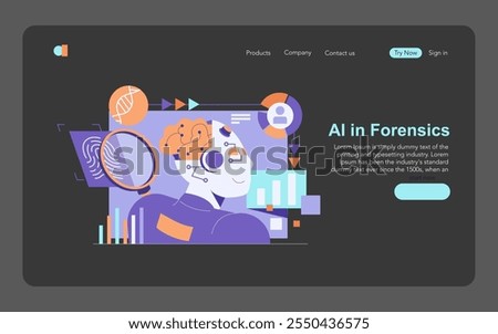 Forensics Technology concept. Digital illustration of AI integration in crime scene analysis and data examination. Criminal investigation advancements. Vector illustration.