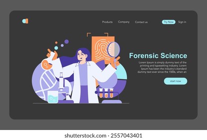 Forensics Technology concept. Sleuth conducting criminal investigation with advanced tools. Crime scene analysis, DNA testing, and evidence evaluation. Vector illustration.