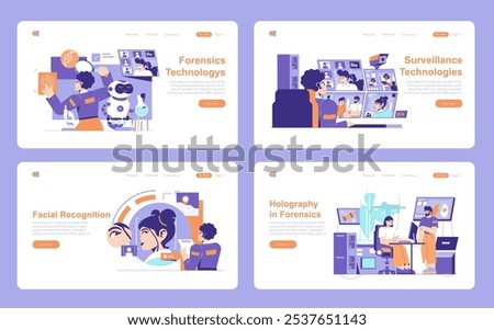 Forensics Technology set. Advanced criminal investigation methods and digital analysis. Cutting-edge law enforcement techniques. Vector illustration.