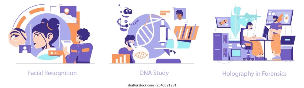 Conjunto de Tecnología forense. Métodos avanzados en la resolución de delitos, desde el reconocimiento facial hasta el análisis de ADN y las técnicas de holografía. Ilustración vectorial.