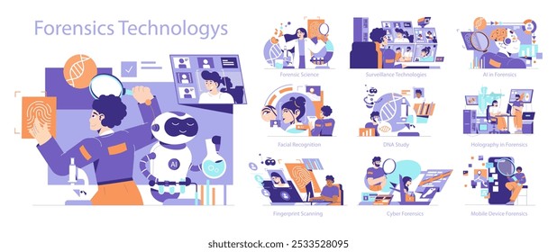 Conjunto de Tecnología forense. Exploración de métodos de evidencia digital y biológica. Las Ilustraciones muestran varias herramientas y procesos de análisis forense. Ilustración vectorial.