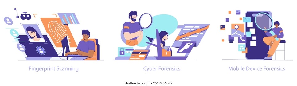 Conjunto de Tecnología forense. Explorar métodos de investigación digital con análisis forense de huellas dactilares, cibernéticos y de dispositivos móviles. Criminalística moderna para sociedades seguras. Ilustración vectorial.