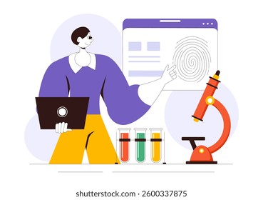 Forensics Technology Vector Illustration Featuring Biometric Access Control and Server Data Recovery with Fingerprint Screening Security System