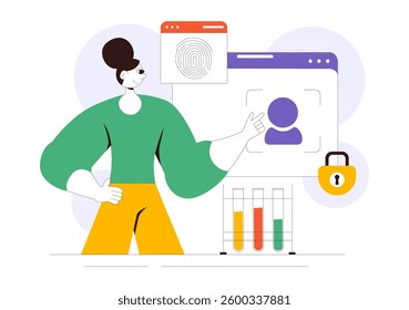 Forensics Technology Vector Illustration Featuring Biometric Access Control and Server Data Recovery with Fingerprint Screening Security System