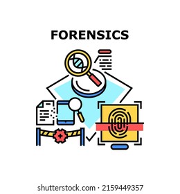 Concepto de iconos vectores forenses. Los Estudios Forenses De La Huella Negra Y El Análisis Del Laboratorio De Adn, La Investigación De Escenas Criminales Y Los Dispositivos O Documentos Digitales. Ilustración de color de investigación profesional