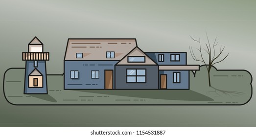 The foreside of cartoon house is made for different areas of usage. The light and shadow make the volume of the illustration. 