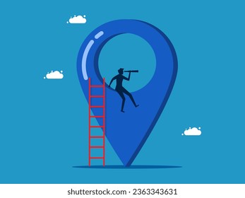 Foresight. Businessman looking into binoculars on pin icon