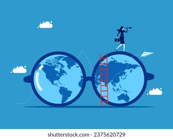 Foresight. Businesswoman uses binoculars to look at the world map through glasses