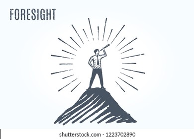 Foresight - Man stands confidently on top of a mountain and looks in a telescope with hope.