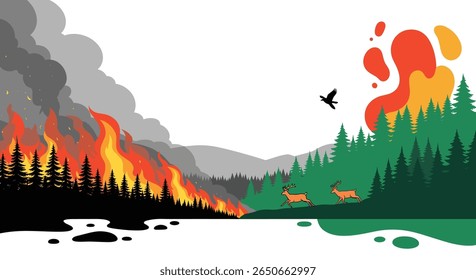 Floresta arde com chamas destrutivas ameaçando a vida selvagem e uma paisagem serena à beira do lago com animais em fuga e fumaça invadindo o céu